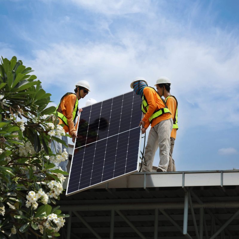 Technicians Install photovoltaic solar modules on roof of house.